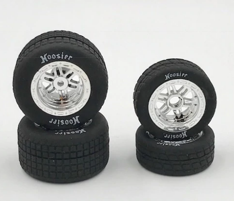 1RC5527 FR/RR Tires & Chrome Wheels, Hoosier, 1/18 Midget (4)
