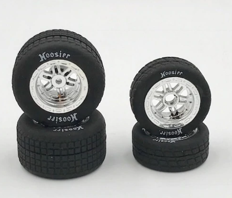 1RC5529 FR/RR Soft Tires & Chrome Wheels, Hoosier, 1/18 Midget (4)